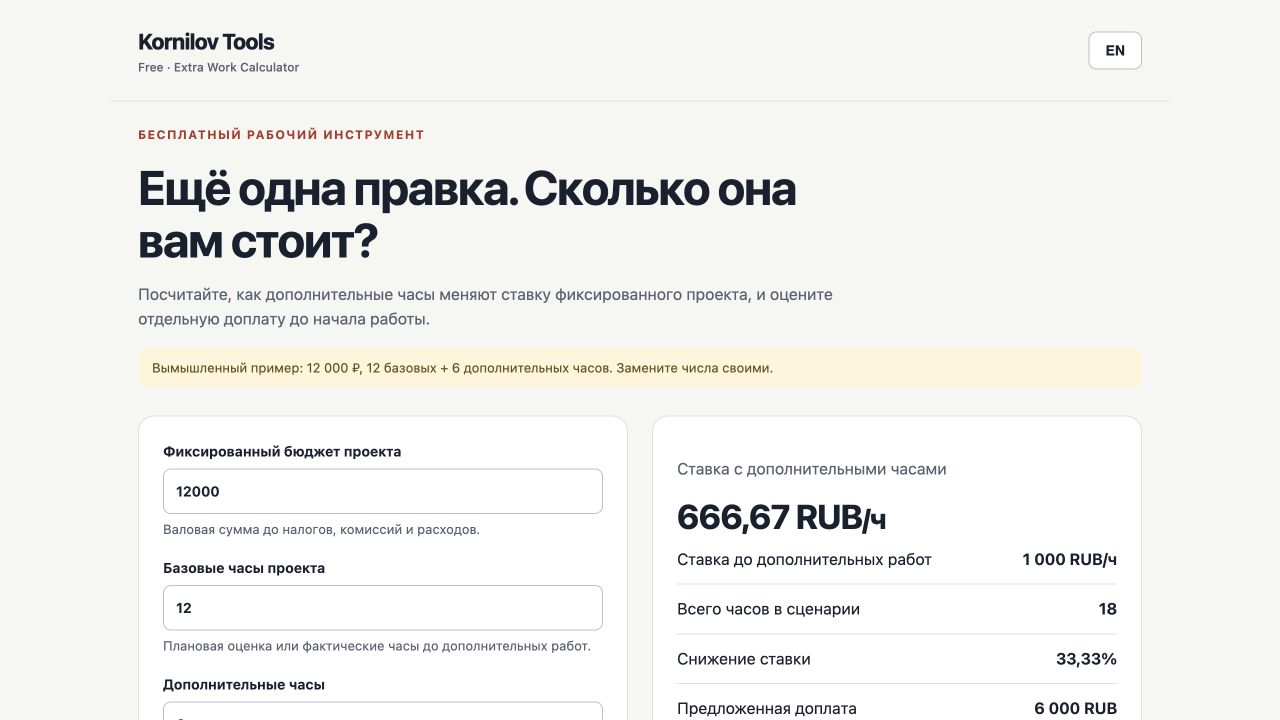 Интерфейс инструмента Extra Work Calculator